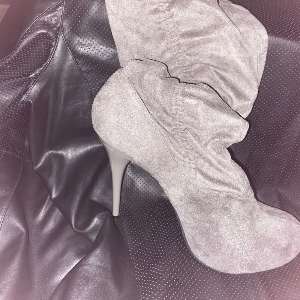 Dark grey thigh high stiletto boots